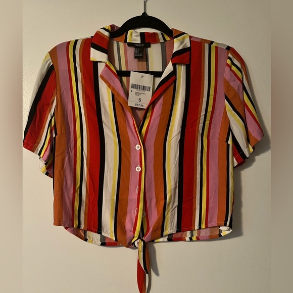 Striped button up tie up blouse top - Picture 1 of 2